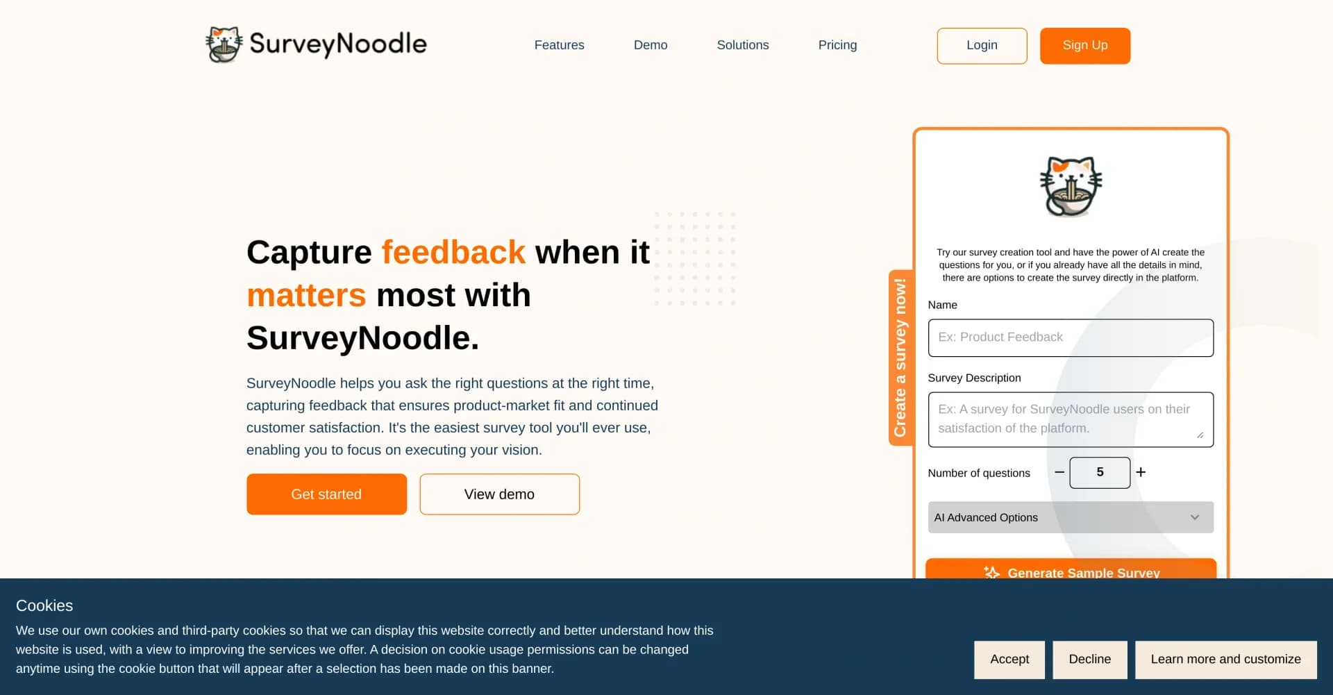 SurveyNoodle homepage screenshot — Effortless surveys with AI-powered analysis.