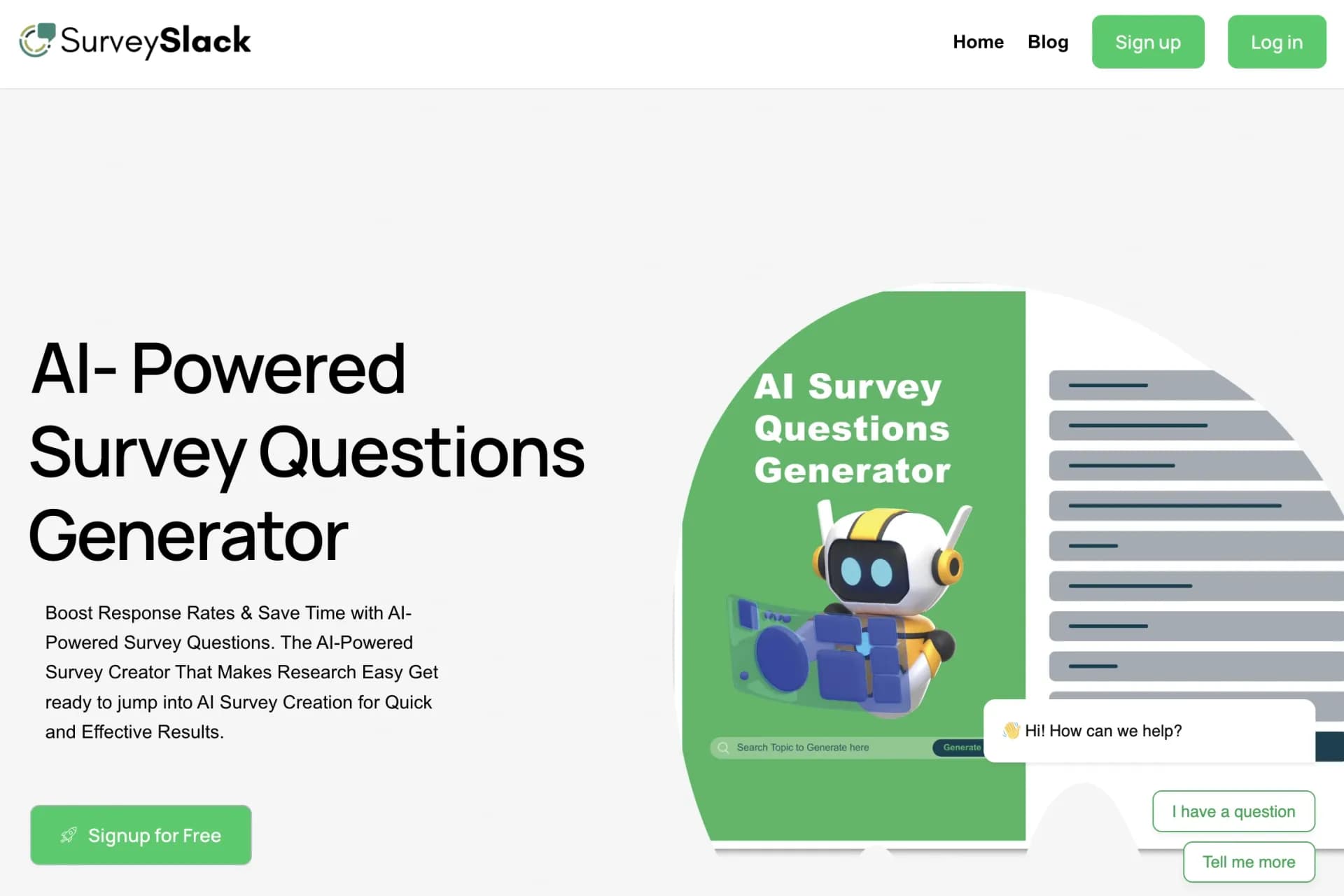 SurveySlack homepage screenshot — Create engaging surveys instantly with AI.