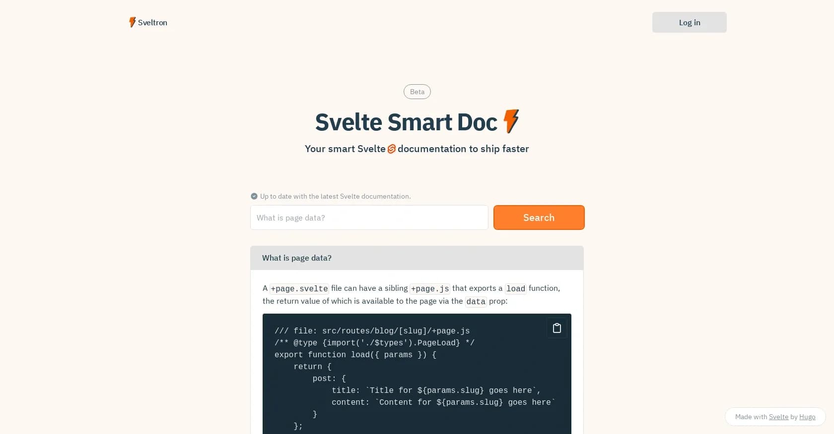 Sveltron homepage screenshot — Ship faster with Svelte's smart AI documentation assistant
