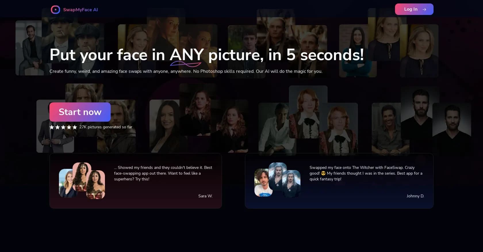 SwapMyFace homepage screenshot — Face swapping for creative image projects.
