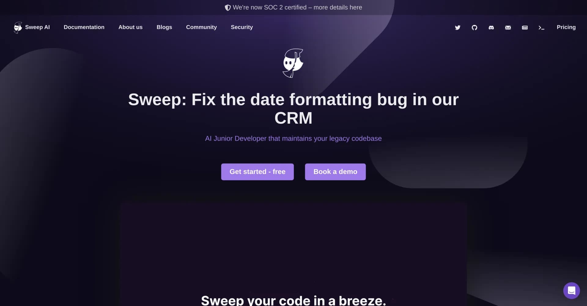 Sweep.dev homepage screenshot — Turn GitHub issues into code changes instantly.