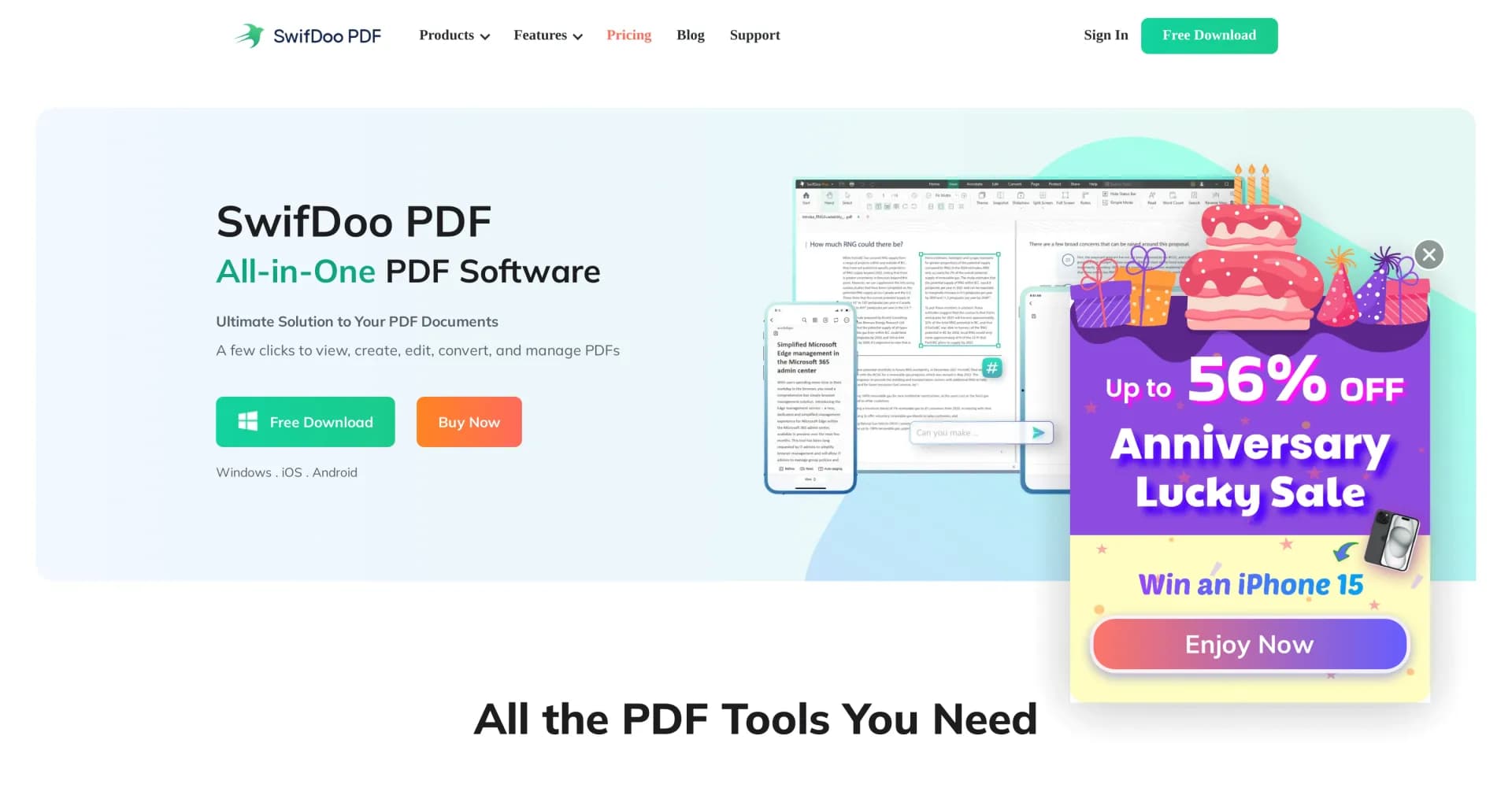 SwifDoo PDF homepage screenshot — Comprehensive PDF tool for all your document needs