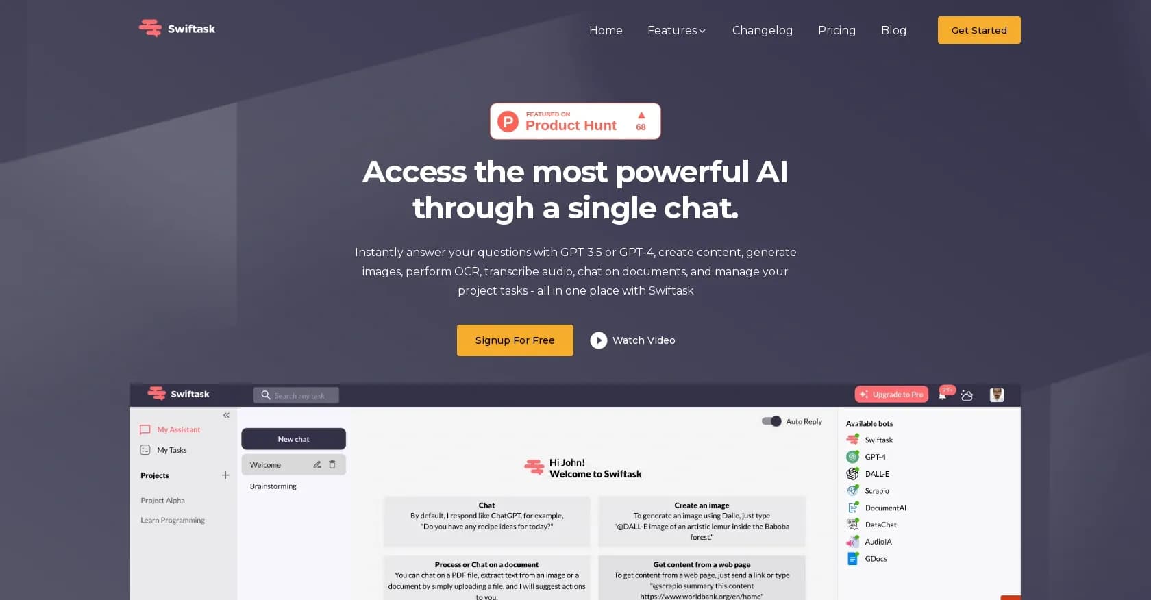 Swiftask homepage screenshot — All-in-One AI Assistant for boosting productivity and creati