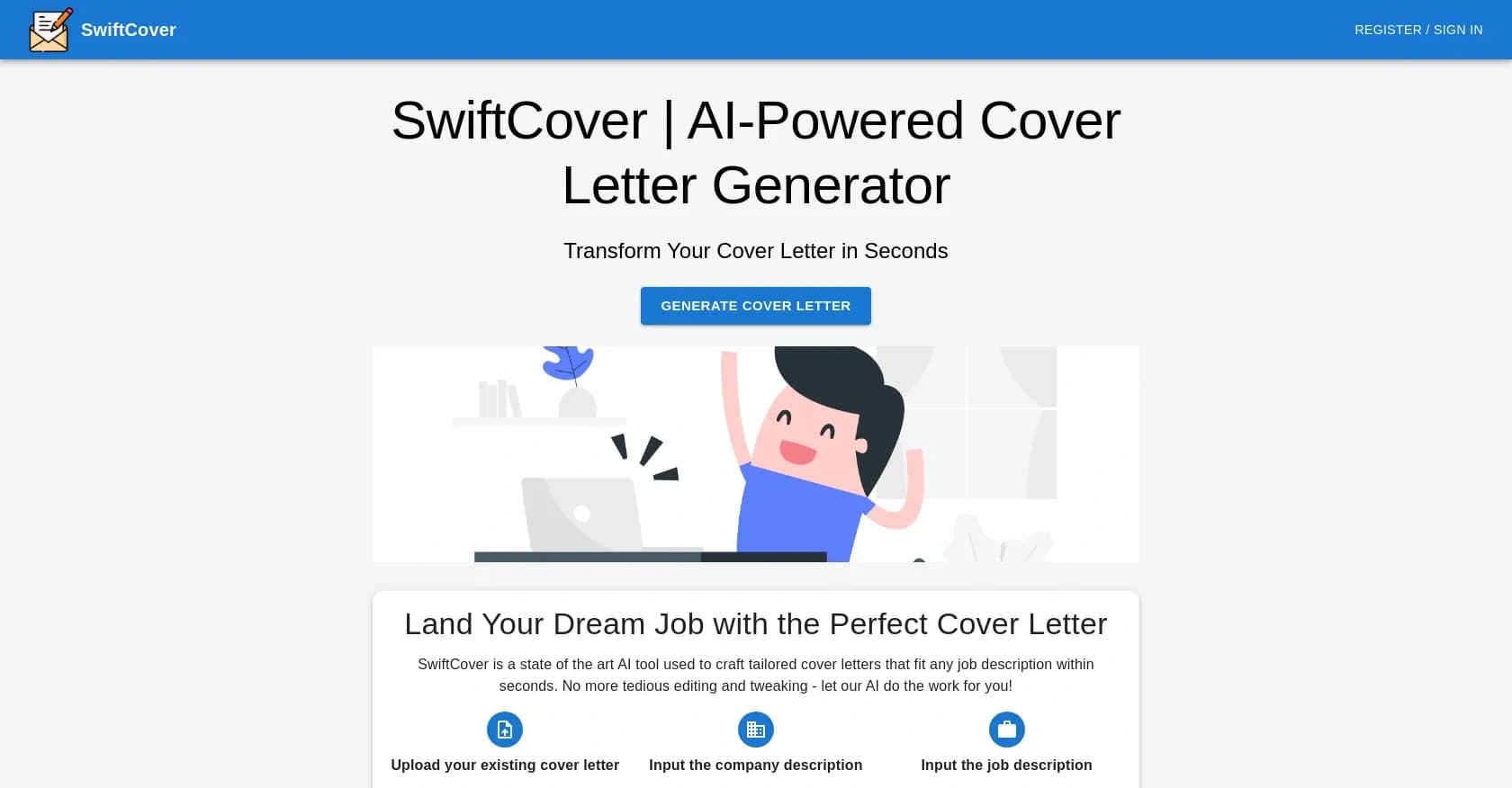 Swiftcover homepage screenshot — Generated job application letters for seekers.