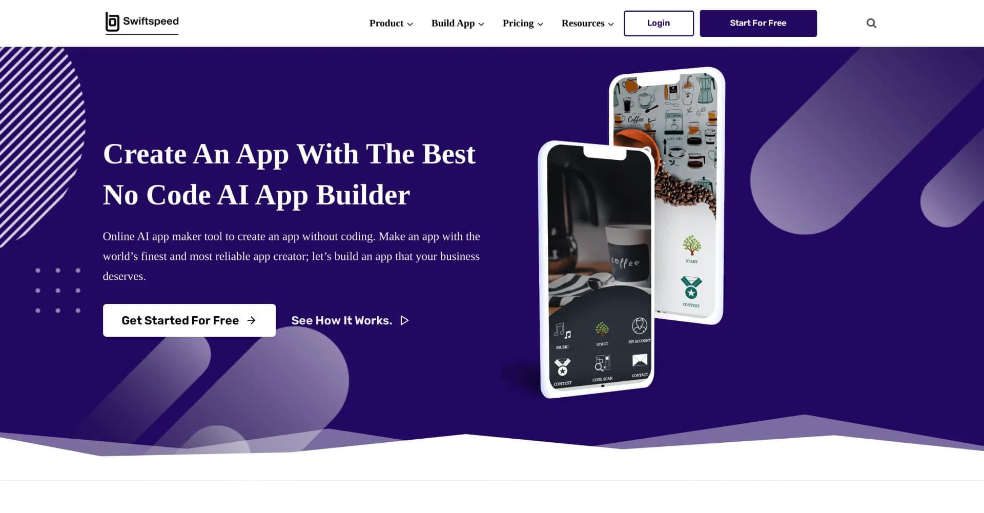 Swiftspeed homepage screenshot — Create apps without coding for Android and iOS