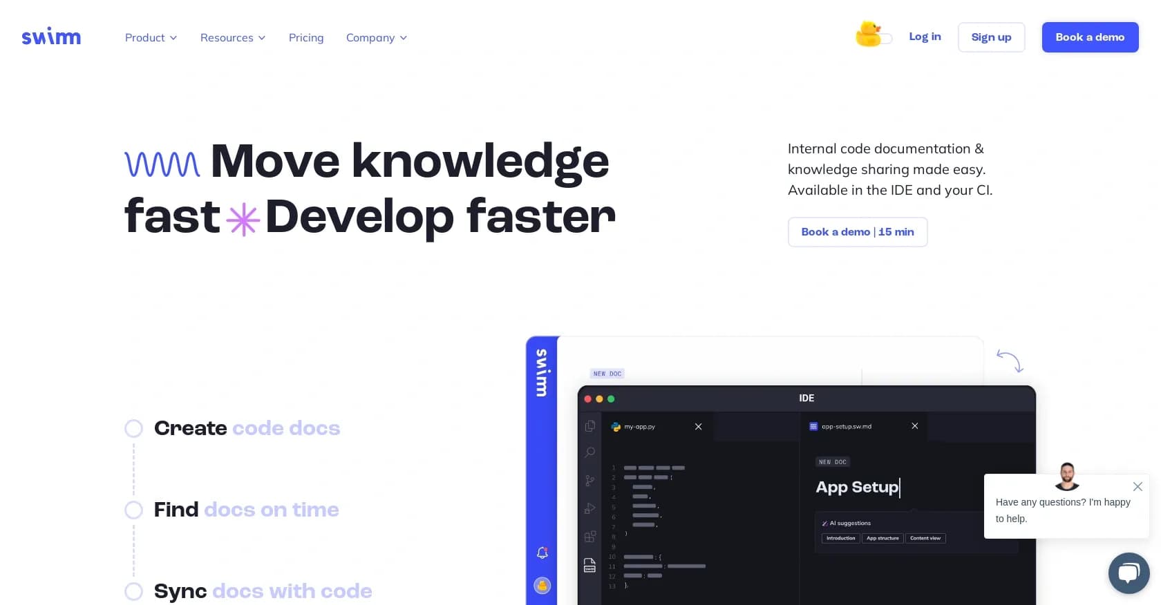 Swimm homepage screenshot — Enhances code doc and team collaboration.