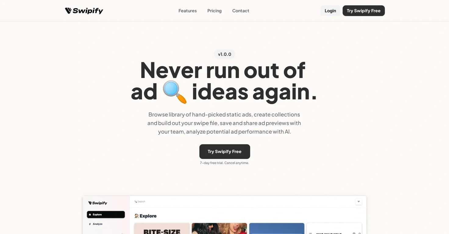 Swipify homepage screenshot — Never run out of ad ideas again.