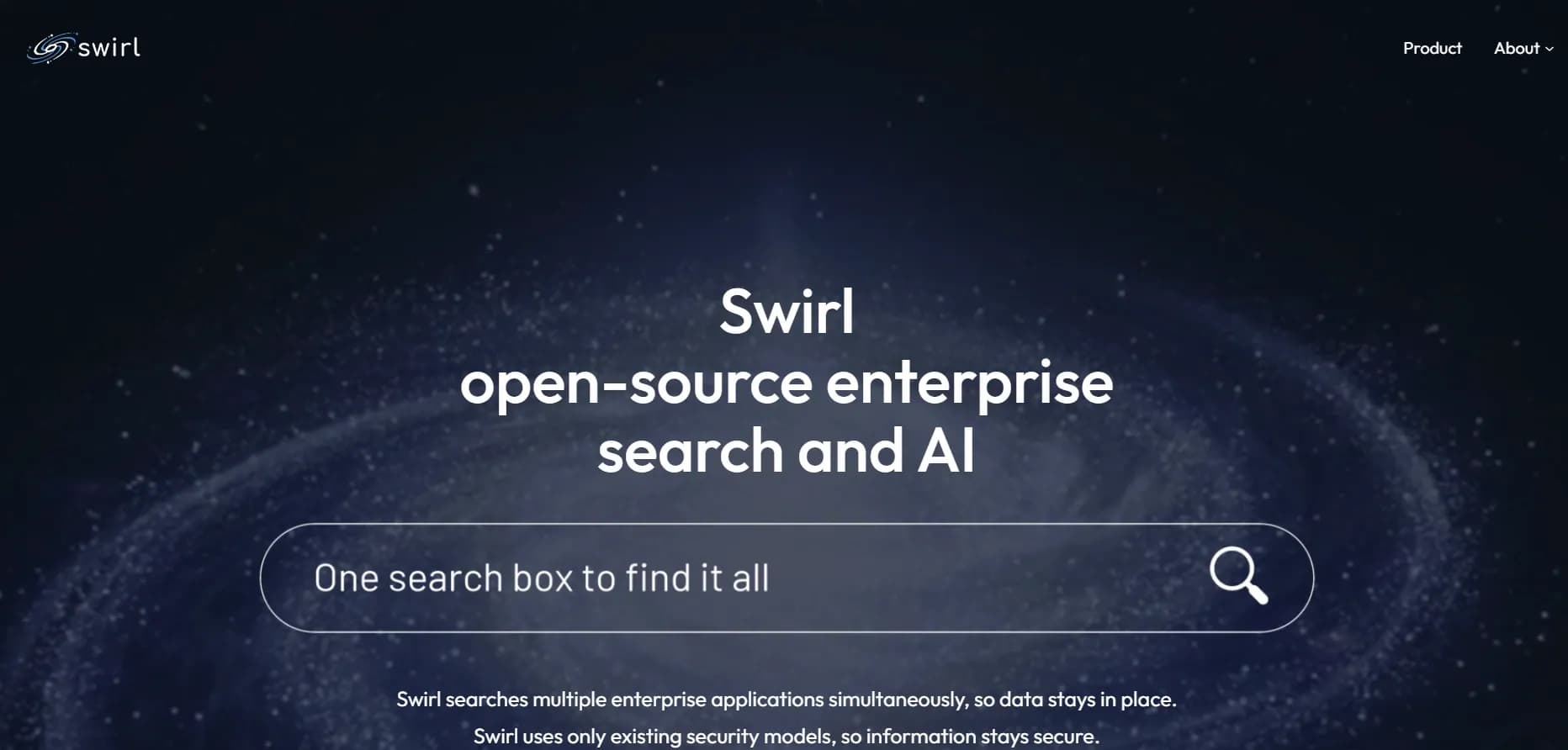 Swirl homepage screenshot — One search box to find it all