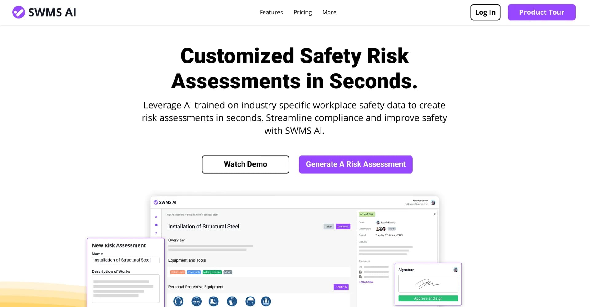 SWMS homepage screenshot — Generate job-specific safety statements in seconds with AI.