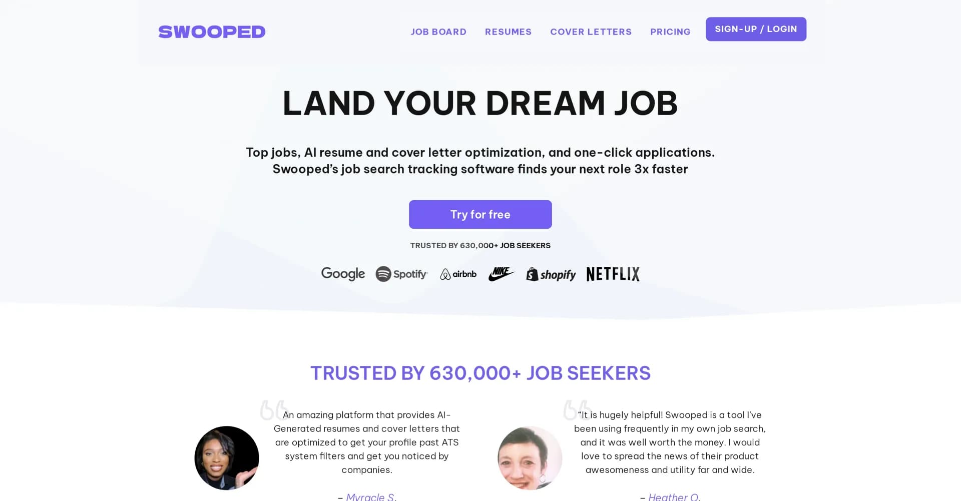 Swooped homepage screenshot — Find your dream job 3x faster with AI-powered tools.