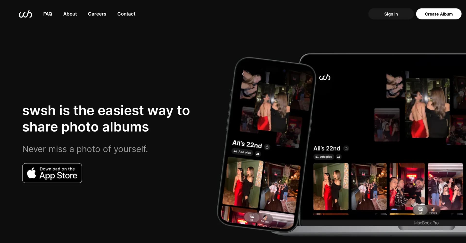 swsh homepage screenshot — Find photos of you after events effortlessly.