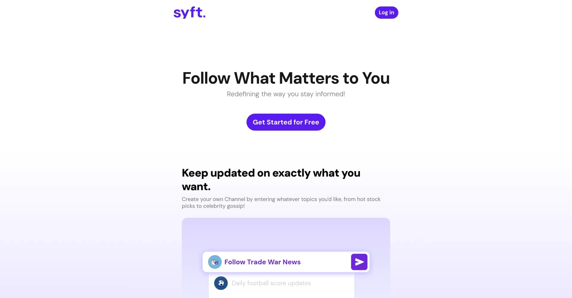 Syft homepage screenshot — AI-powered news tracking for any topic worldwide