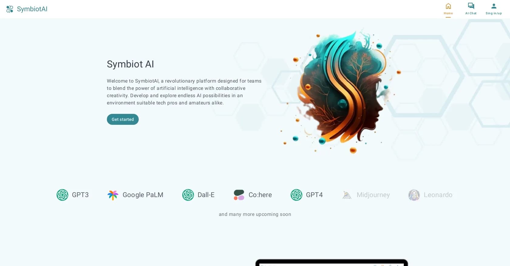 SymbiotAI homepage screenshot — Blend AI power with collaborative creativity.