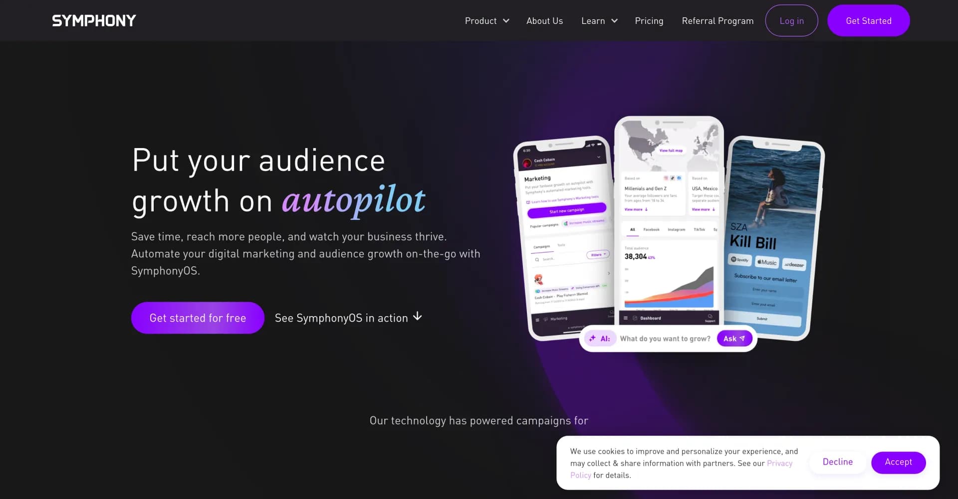 SymphonyOS homepage screenshot — Autopilot marketing for artists and creators.