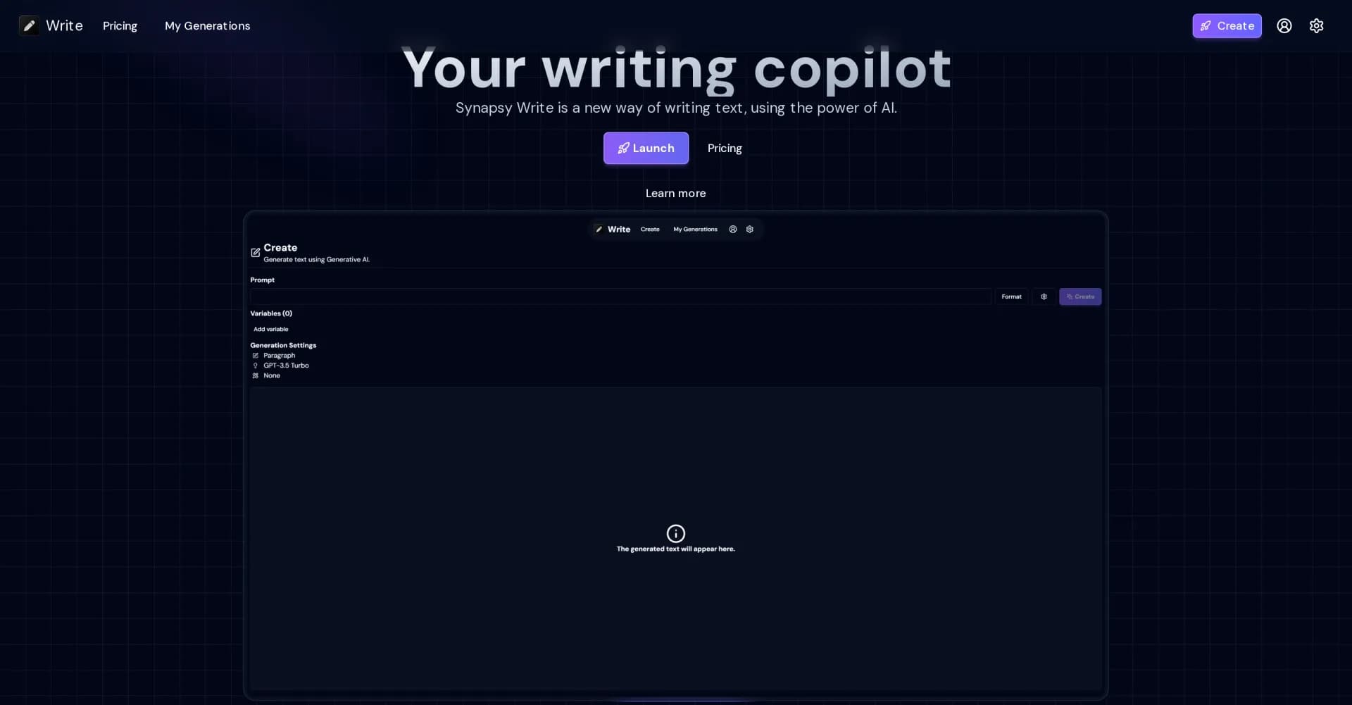 Synapsy Write homepage screenshot — AI-powered writing copilot for effortless text creation.