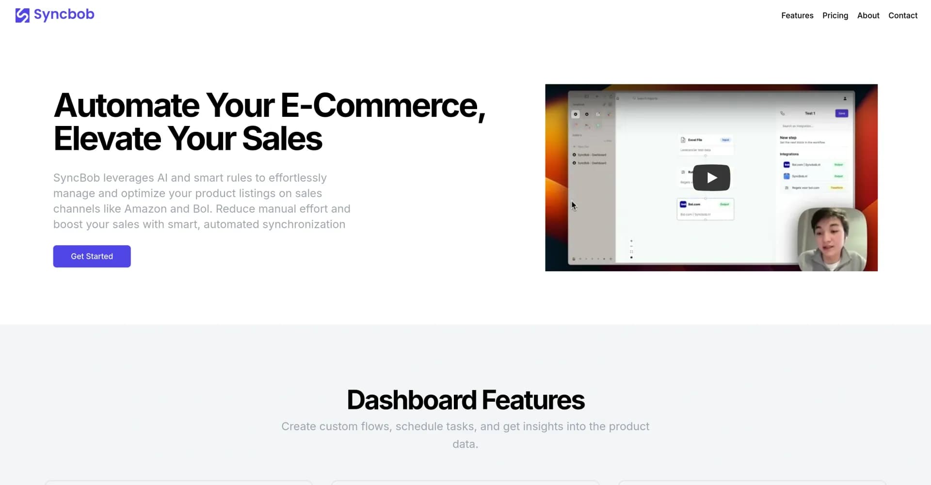 SyncBob homepage screenshot — Automate product listings, boost e-commerce sales.