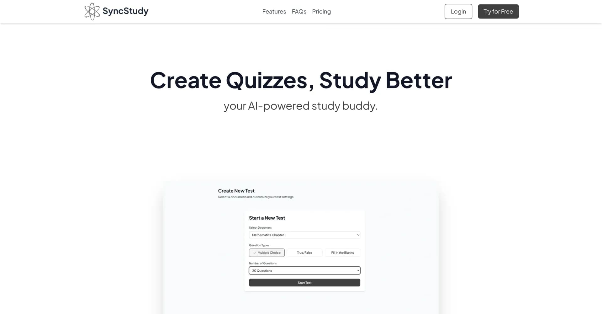 SyncStudy homepage screenshot — Create AI-powered quizzes from your study materials.