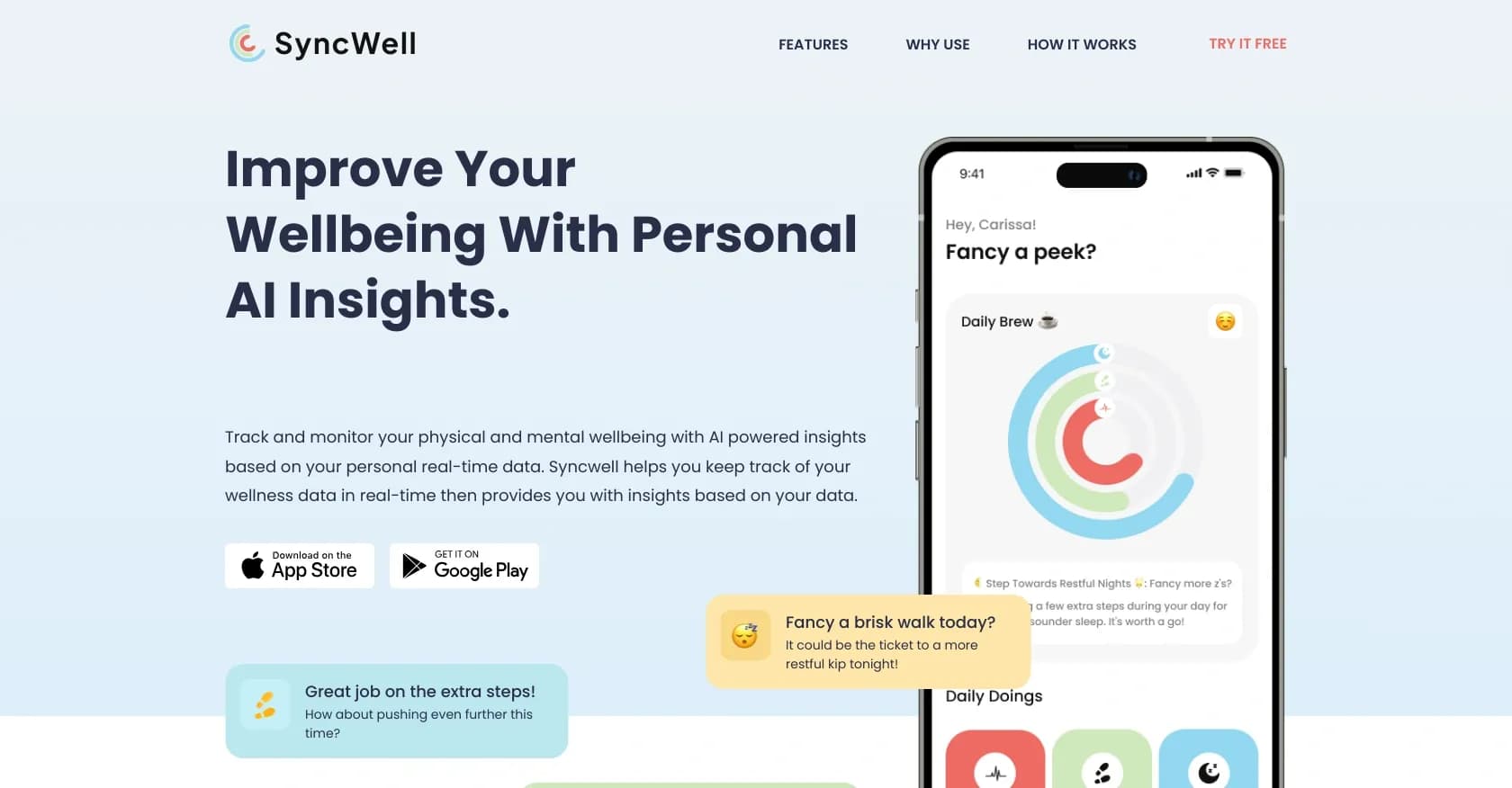 SyncWell homepage screenshot — AI-powered insights for personal wellbeing tracking