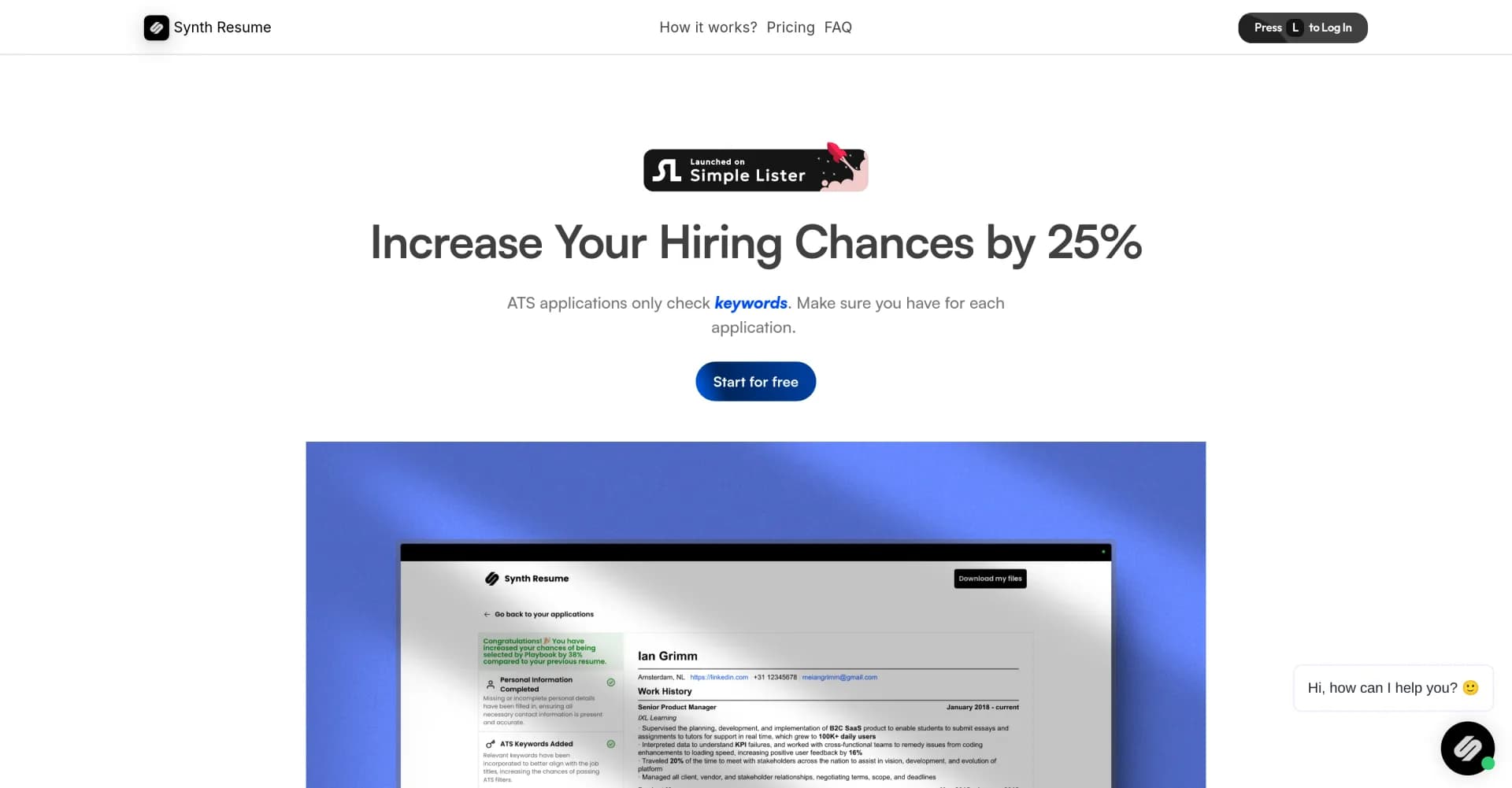 Synth Resume homepage screenshot — Boost your hiring odds by 25% with ATS-optimized resumes.