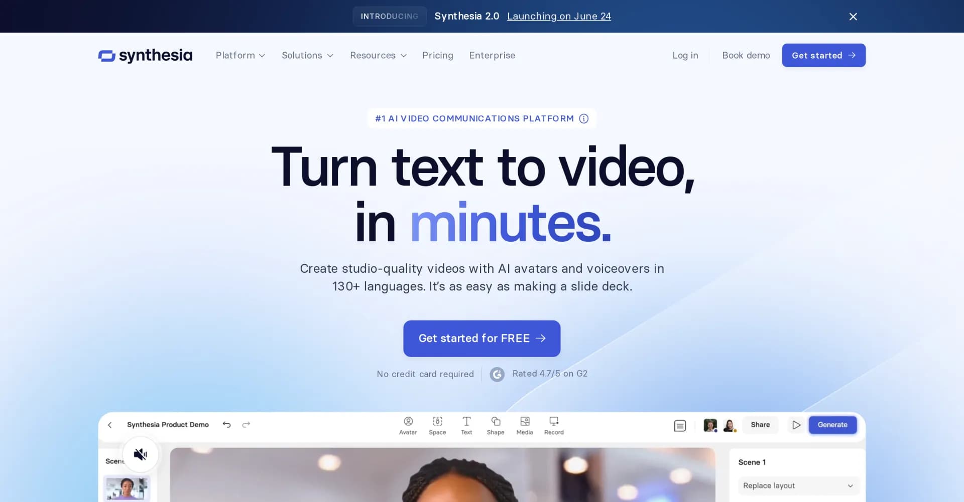 Synthesiav2.0 homepage screenshot — Create AI videos from text in minutes.