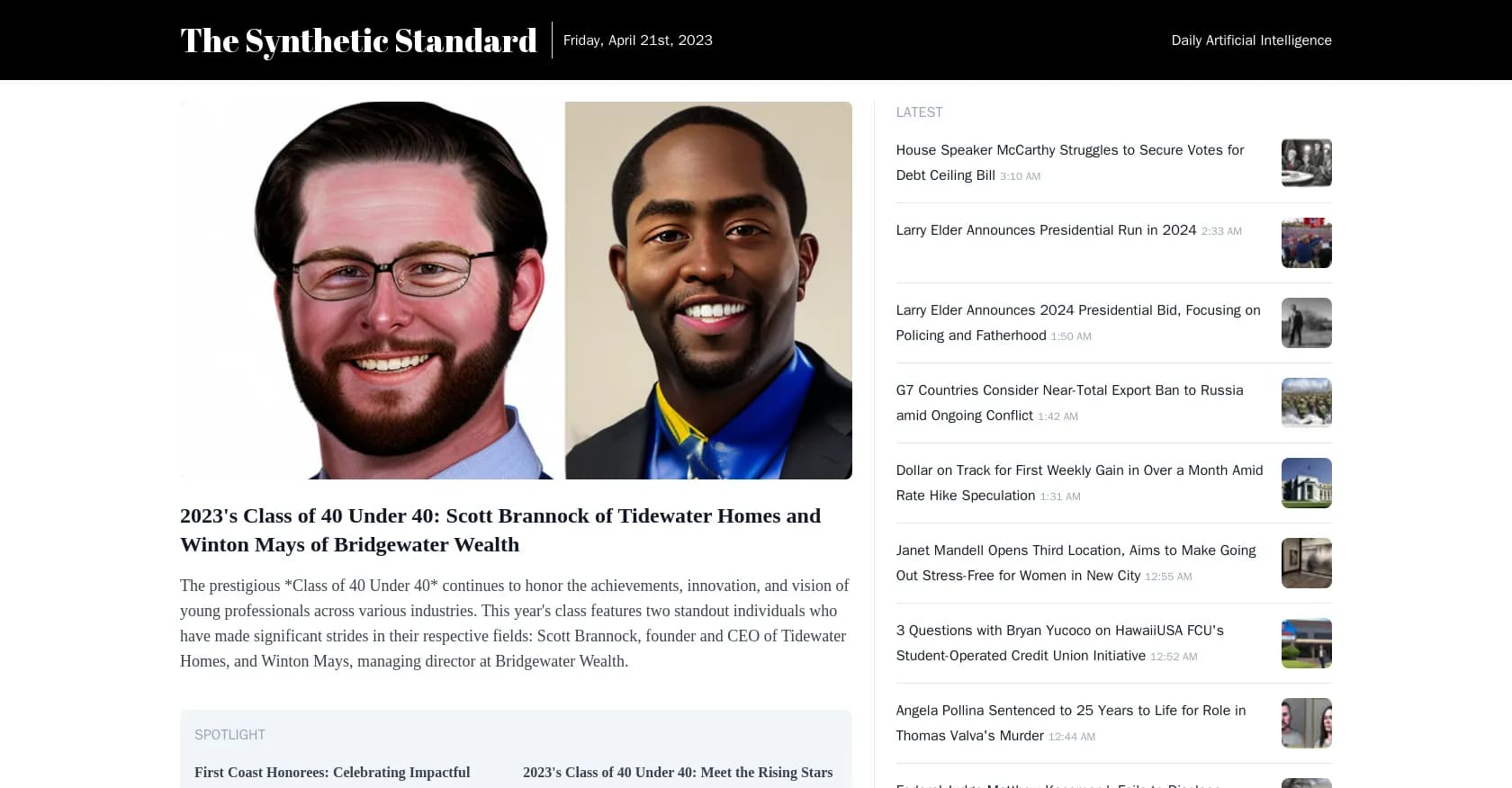 Synthetic Standard homepage screenshot — AI-generated news and images for global topics.