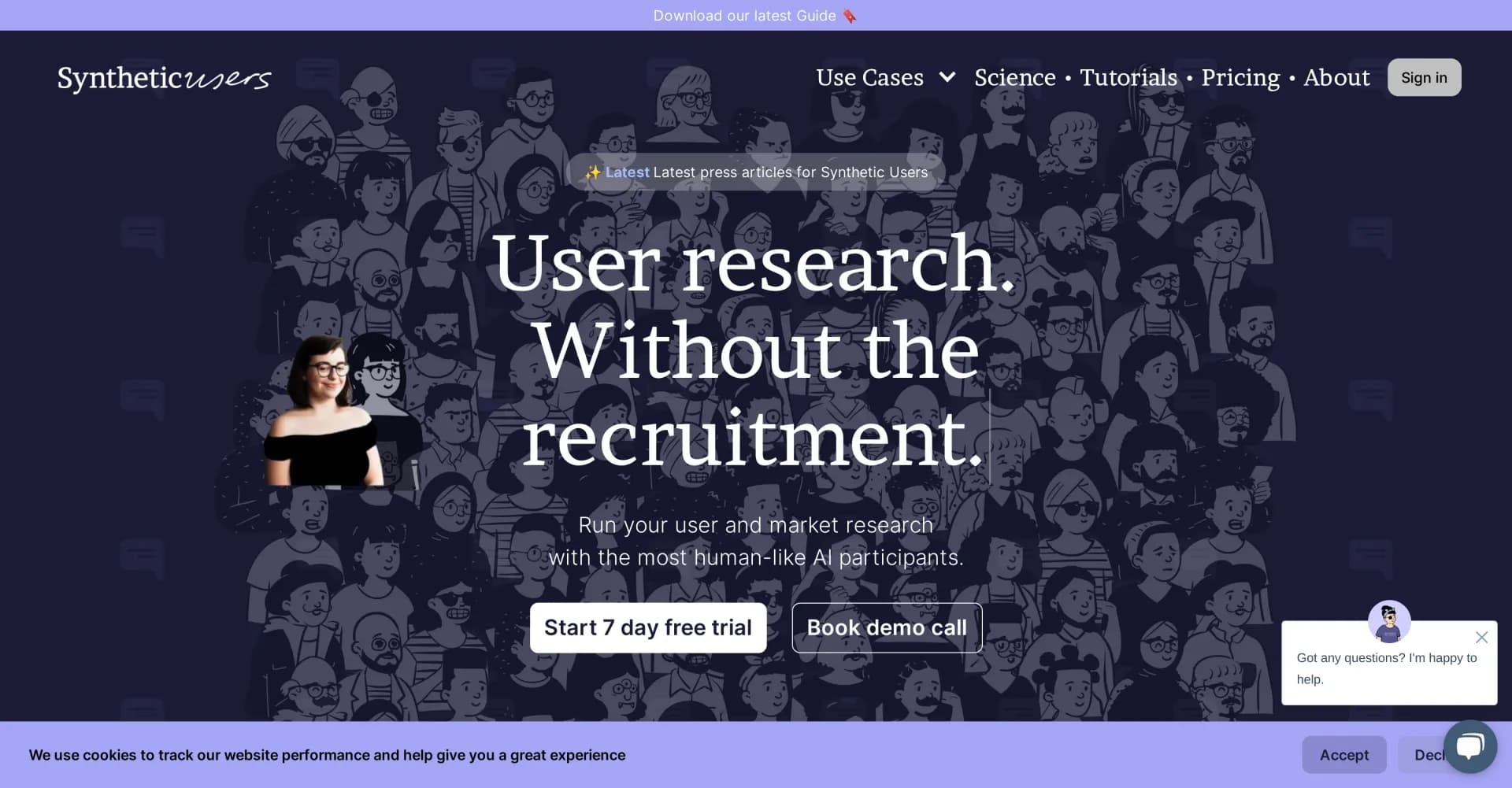 Syntheticusers homepage screenshot — AI participants for faster product testing and decisions.
