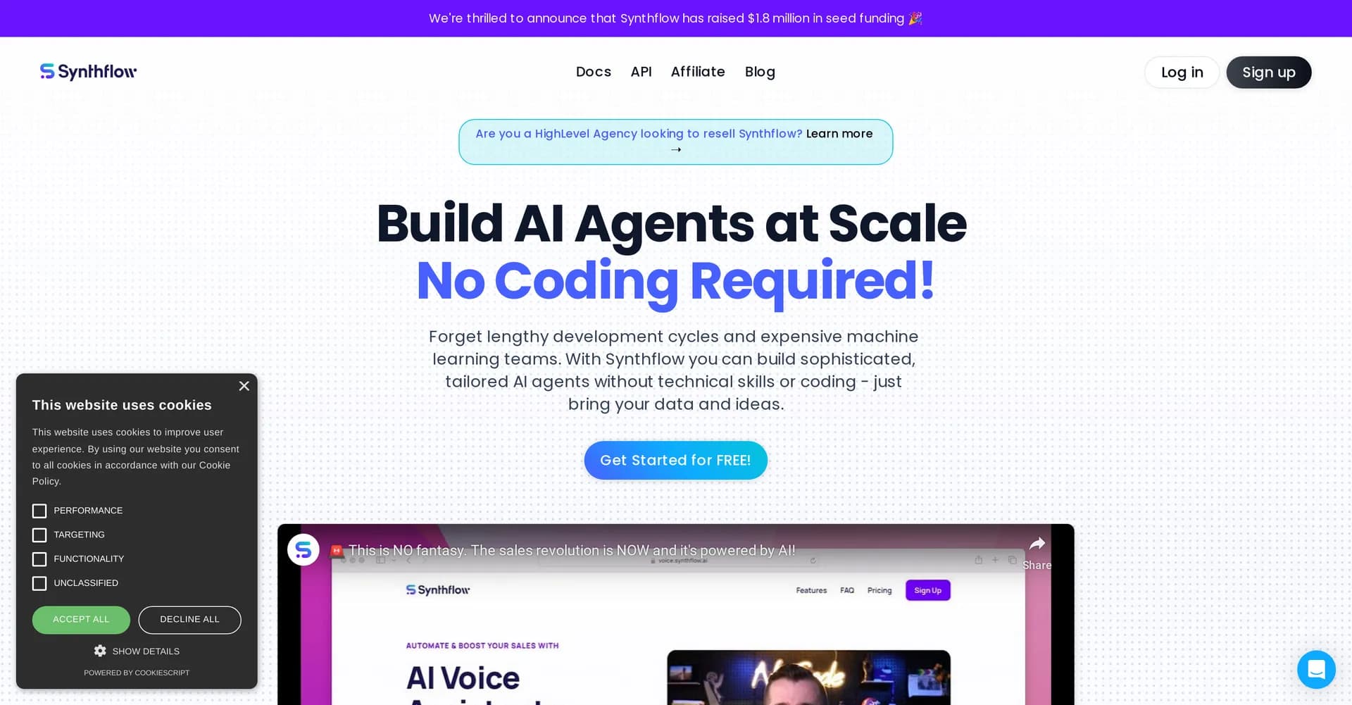 Synthflow AI homepage screenshot — Build AI agents without coding - just data and ideas.