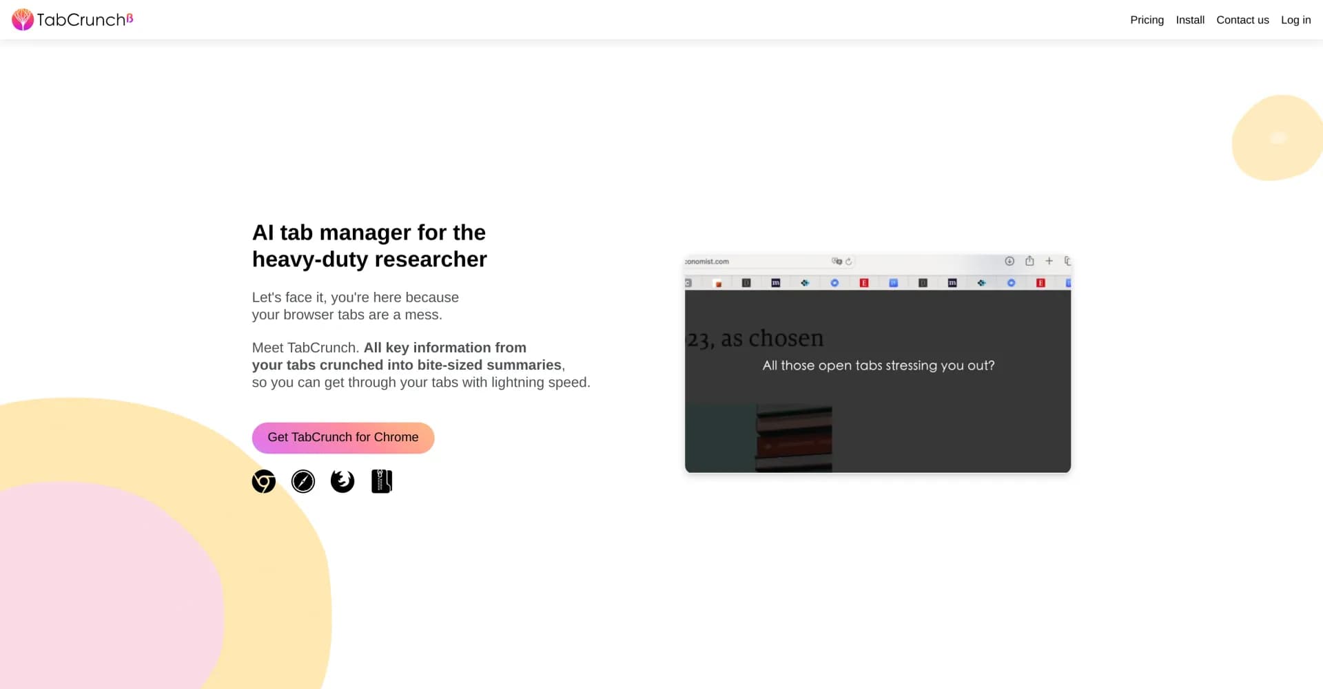 TabCrunch homepage screenshot — AI tab manager that crunches key info into bite-sized summar
