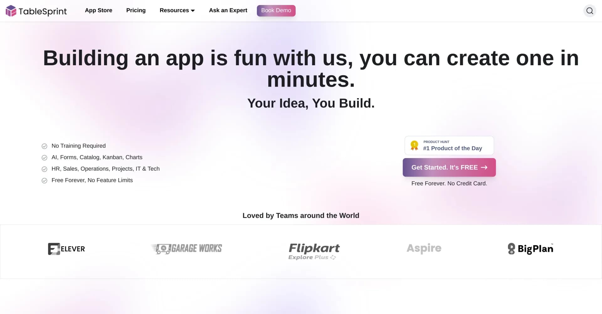 TableSprint homepage screenshot — Build future-ready apps without code in minutes.