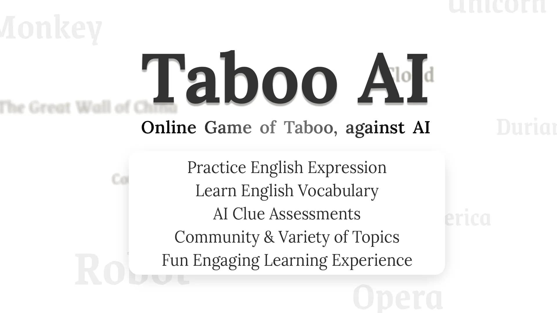 Taboo AI homepage screenshot — Challenge game for language learning and socializing.