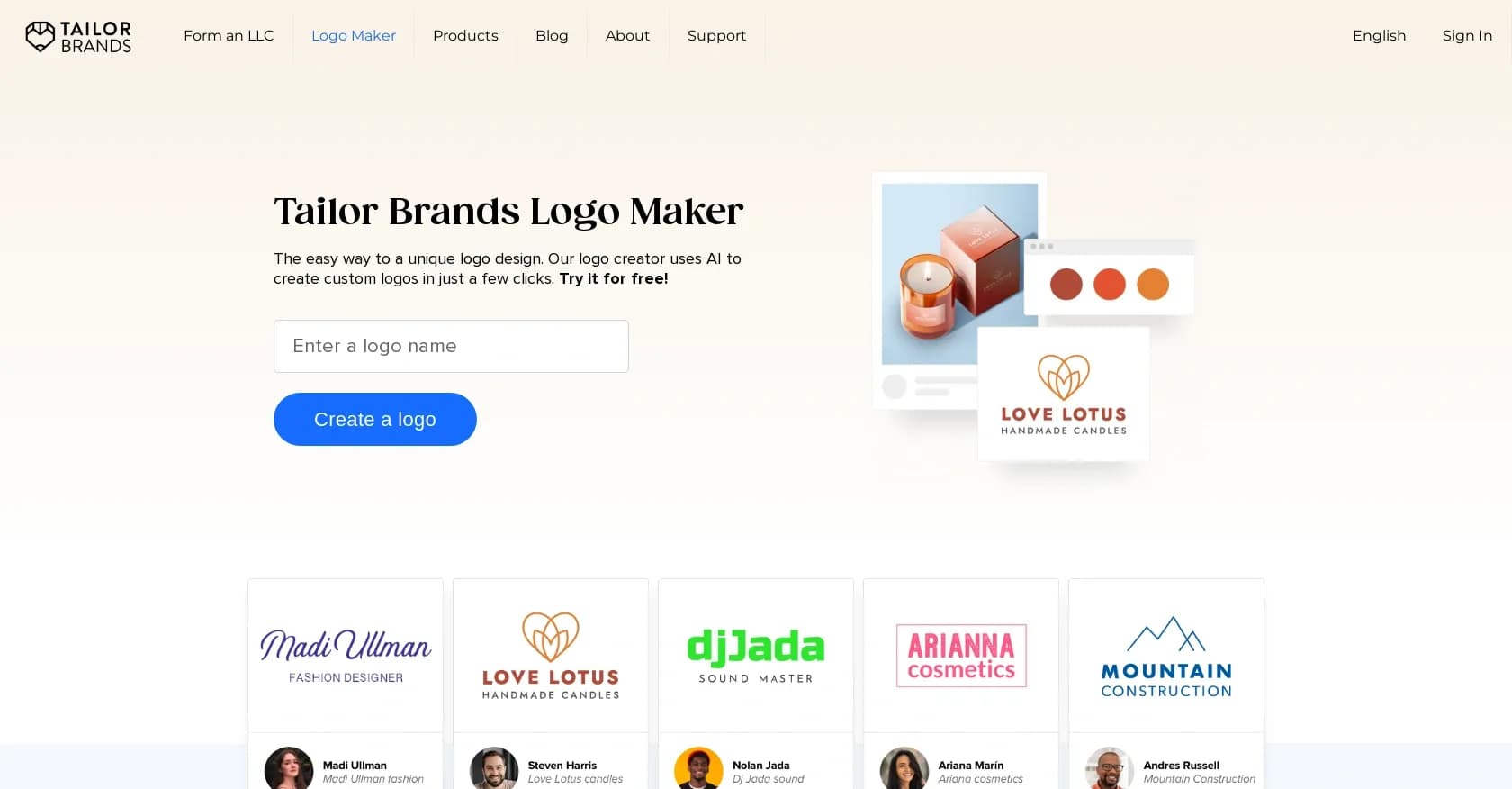 Tailor Brands homepage screenshot — Create unique AI-generated logos effortlessly