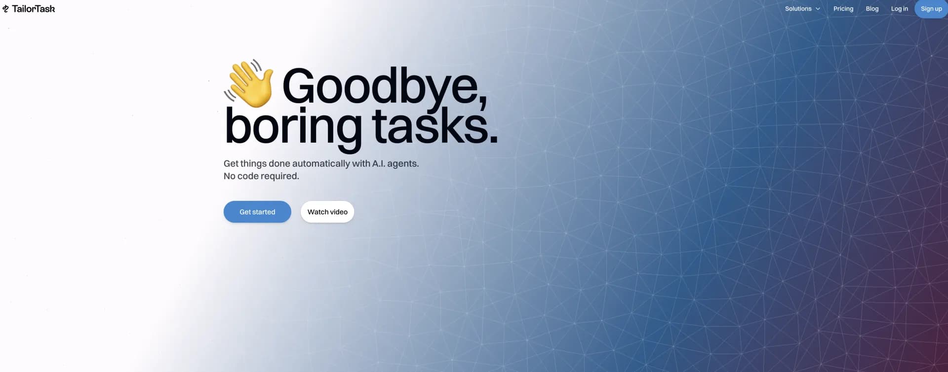 TailorTask homepage screenshot — Automate boring tasks with AI agents, no code required.