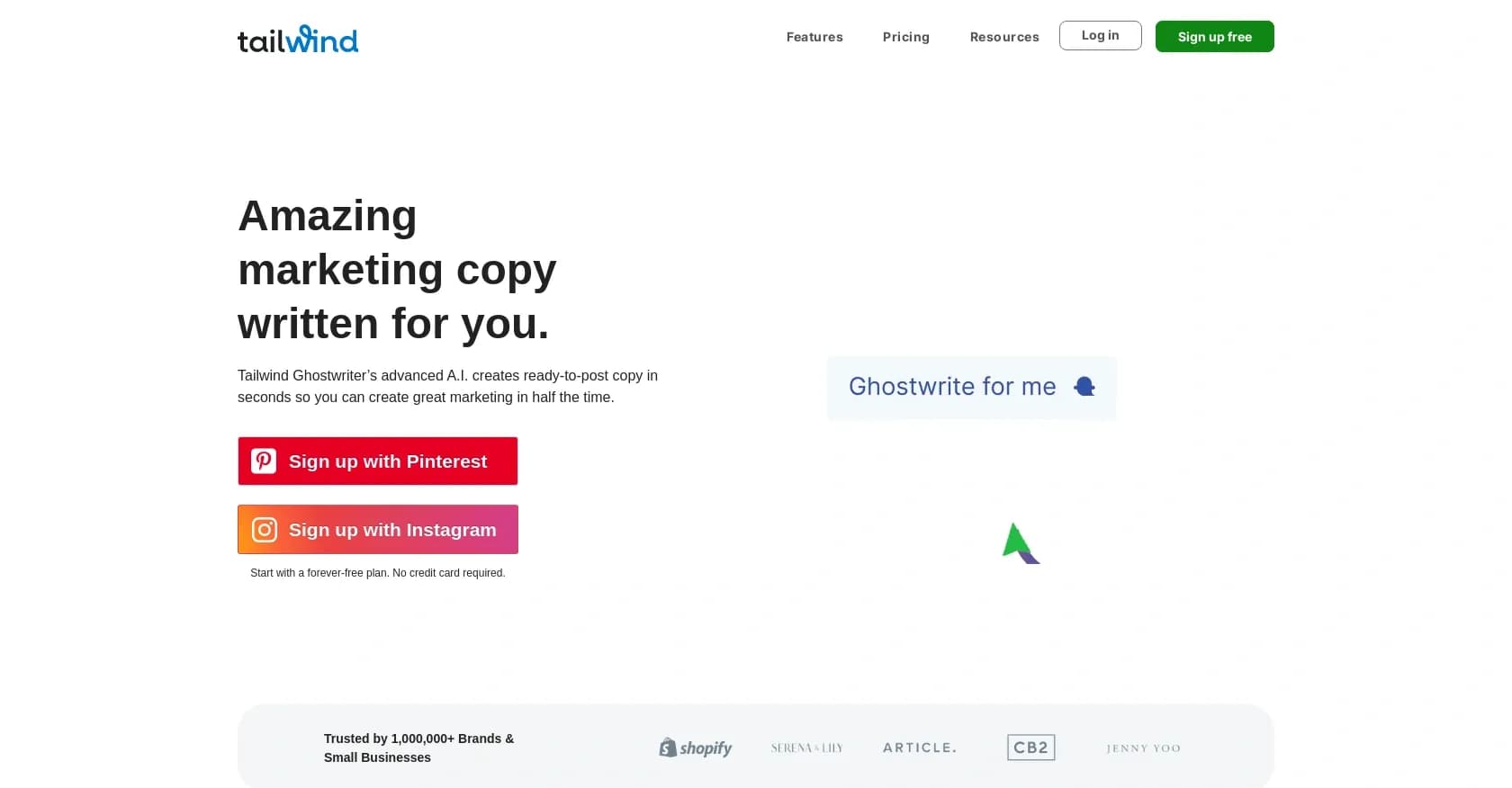 Tailwind Ghostwriter homepage screenshot — AI writing assistant to boost content creation