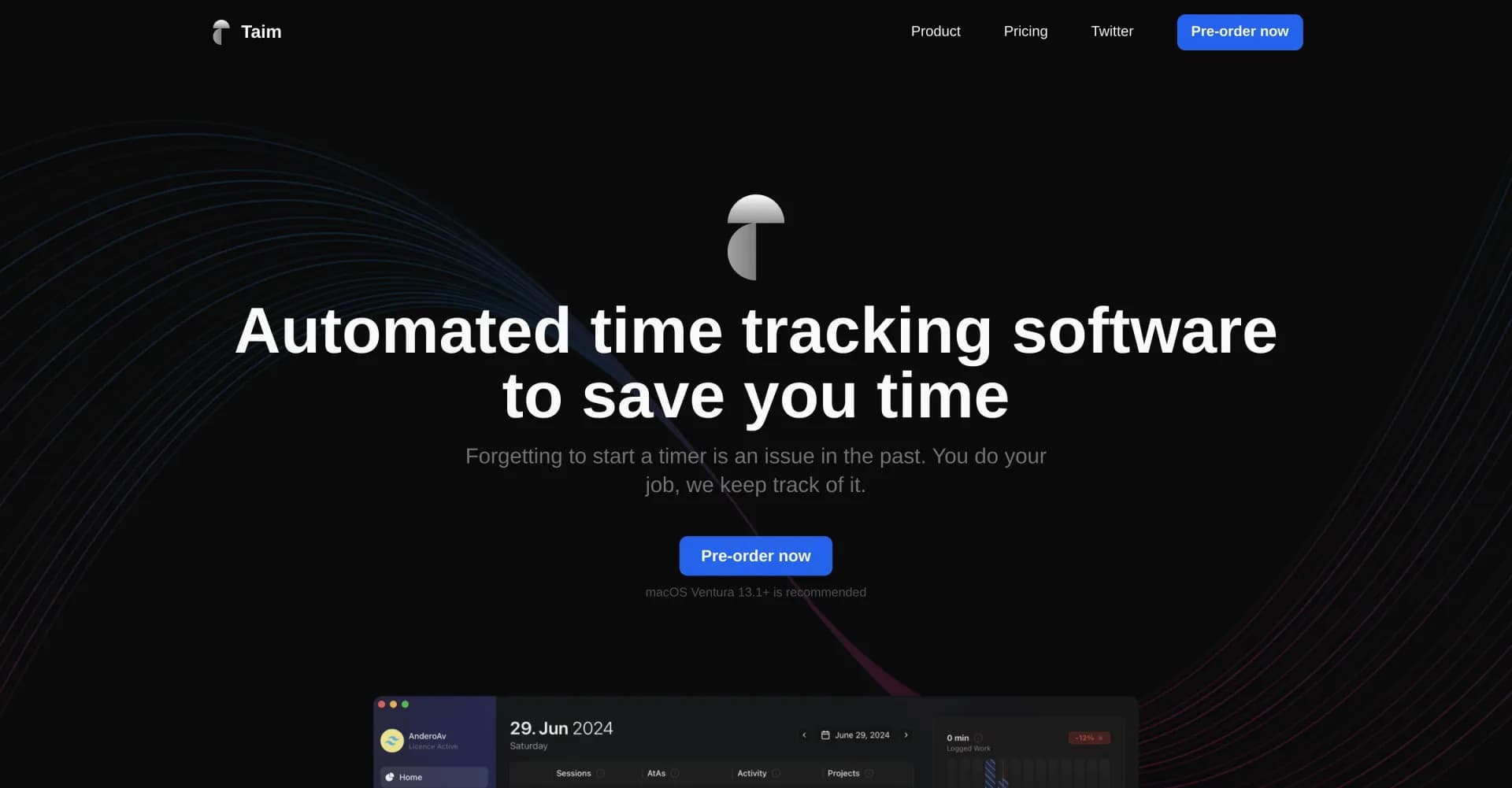 Taim App homepage screenshot — Automate time tracking to save you time