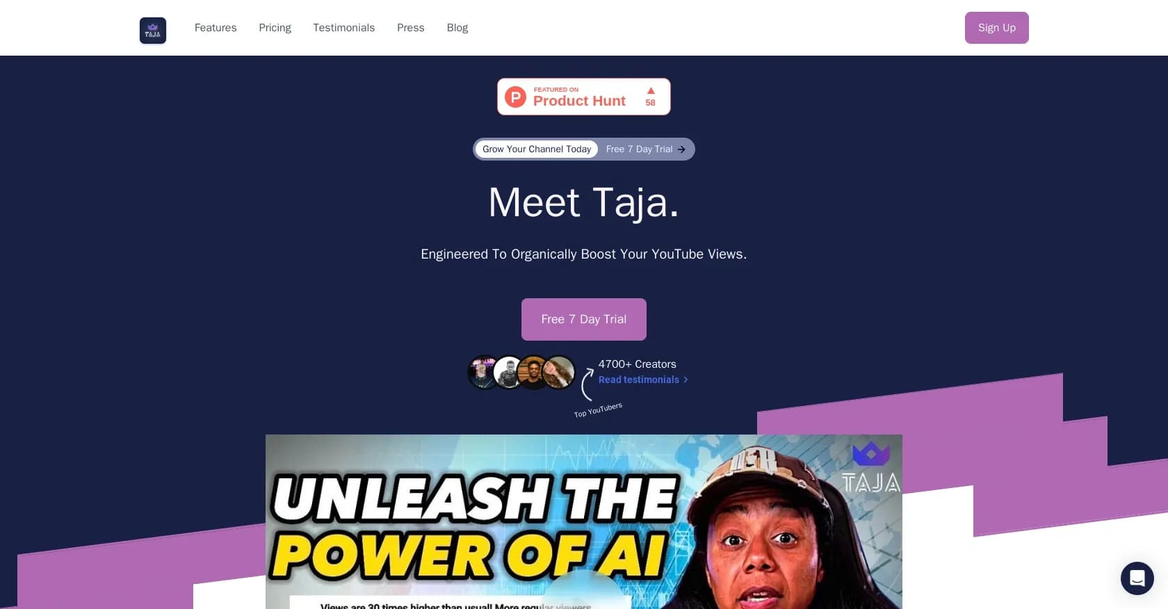 Taja homepage screenshot — AI-powered YouTube metadata optimizer for organic growth