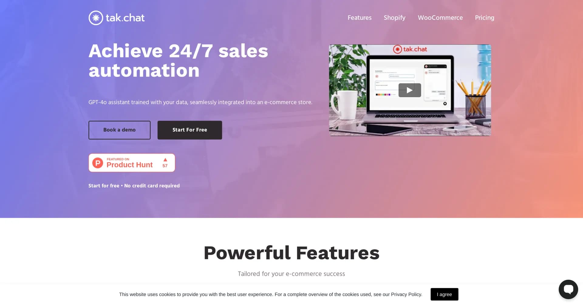tak.chat homepage screenshot — Automate support with AI, resolving 70% of questions instant