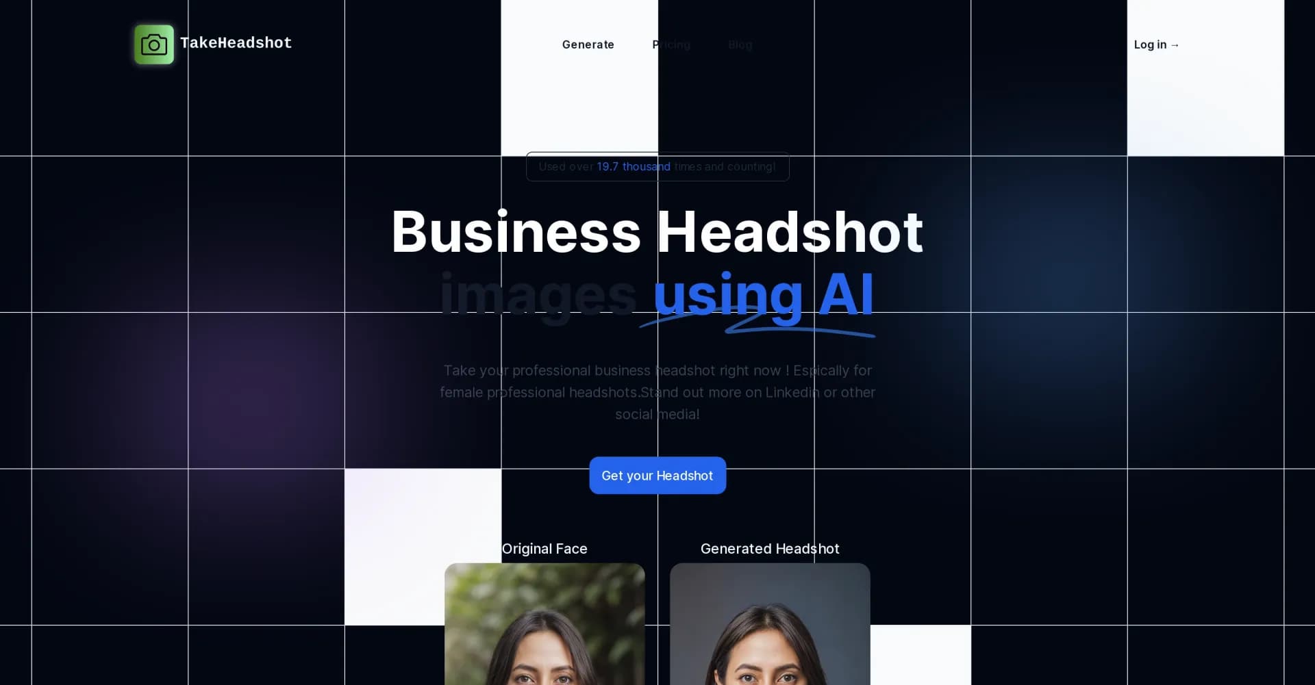 TakeHeadshot homepage screenshot — Create professional AI headshots for LinkedIn