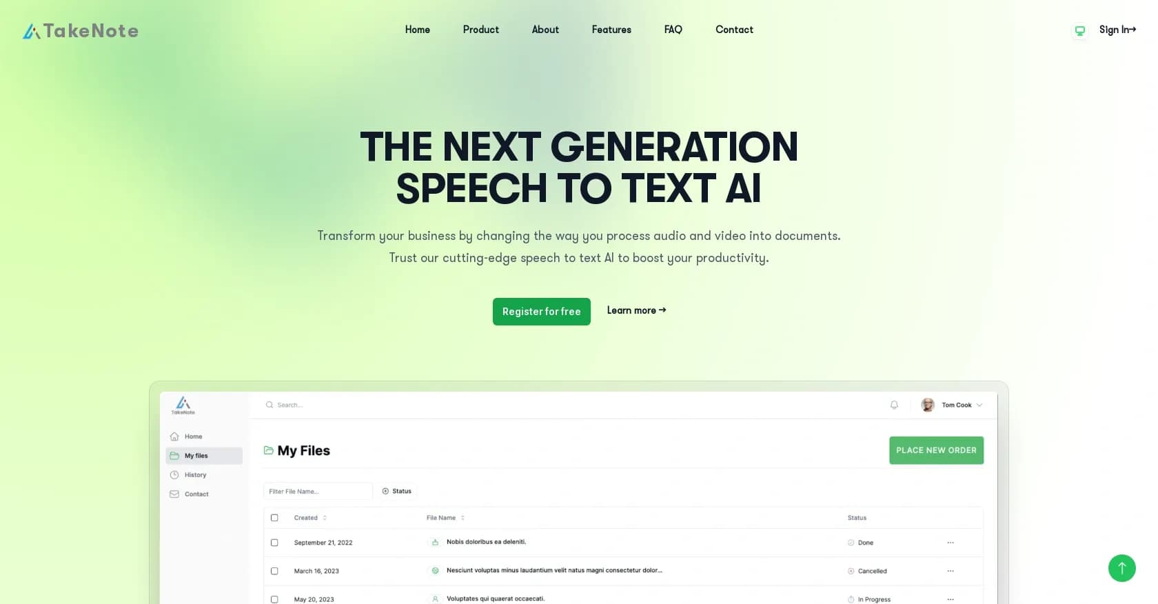 TakeNote homepage screenshot — Transform meetings into accurate transcriptions and insights
