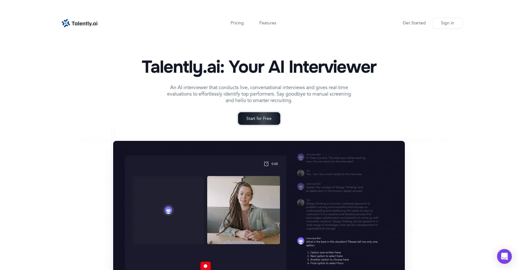Talently.ai homepage screenshot — AI interviews to effortlessly identify top performers.