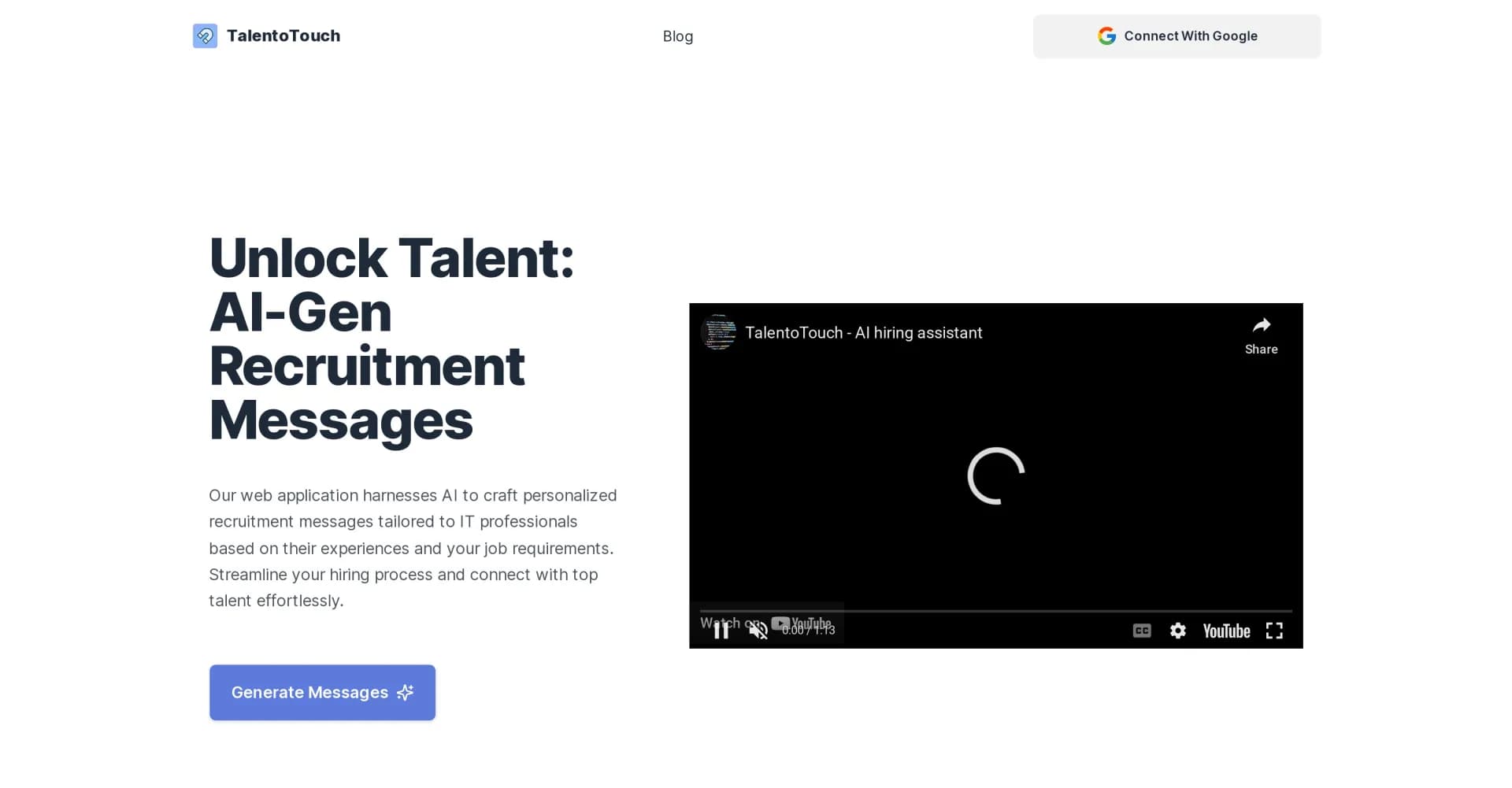 TalentoTouch homepage screenshot — AI-powered personalized recruitment messages for IT talent