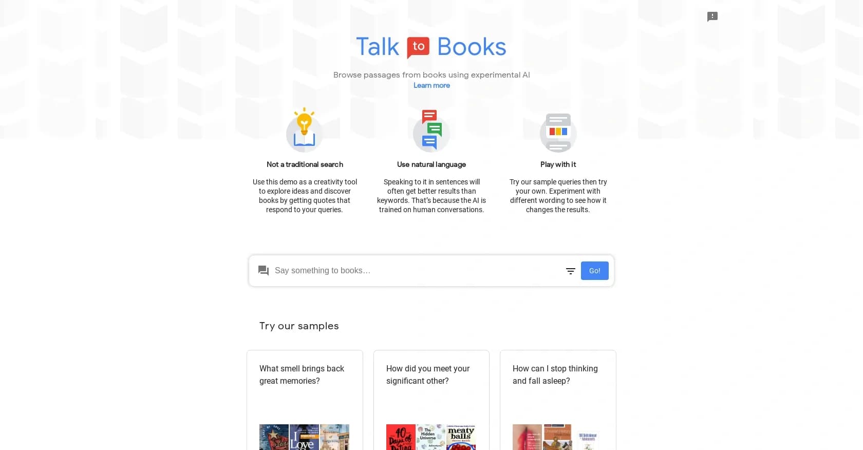 Talk to Books homepage screenshot — Explore ideas and discover books through AI-powered conversa