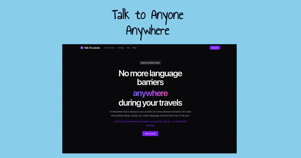 Talk To Locals homepage screenshot — Two-way voice translator that turns your phone into a speaki