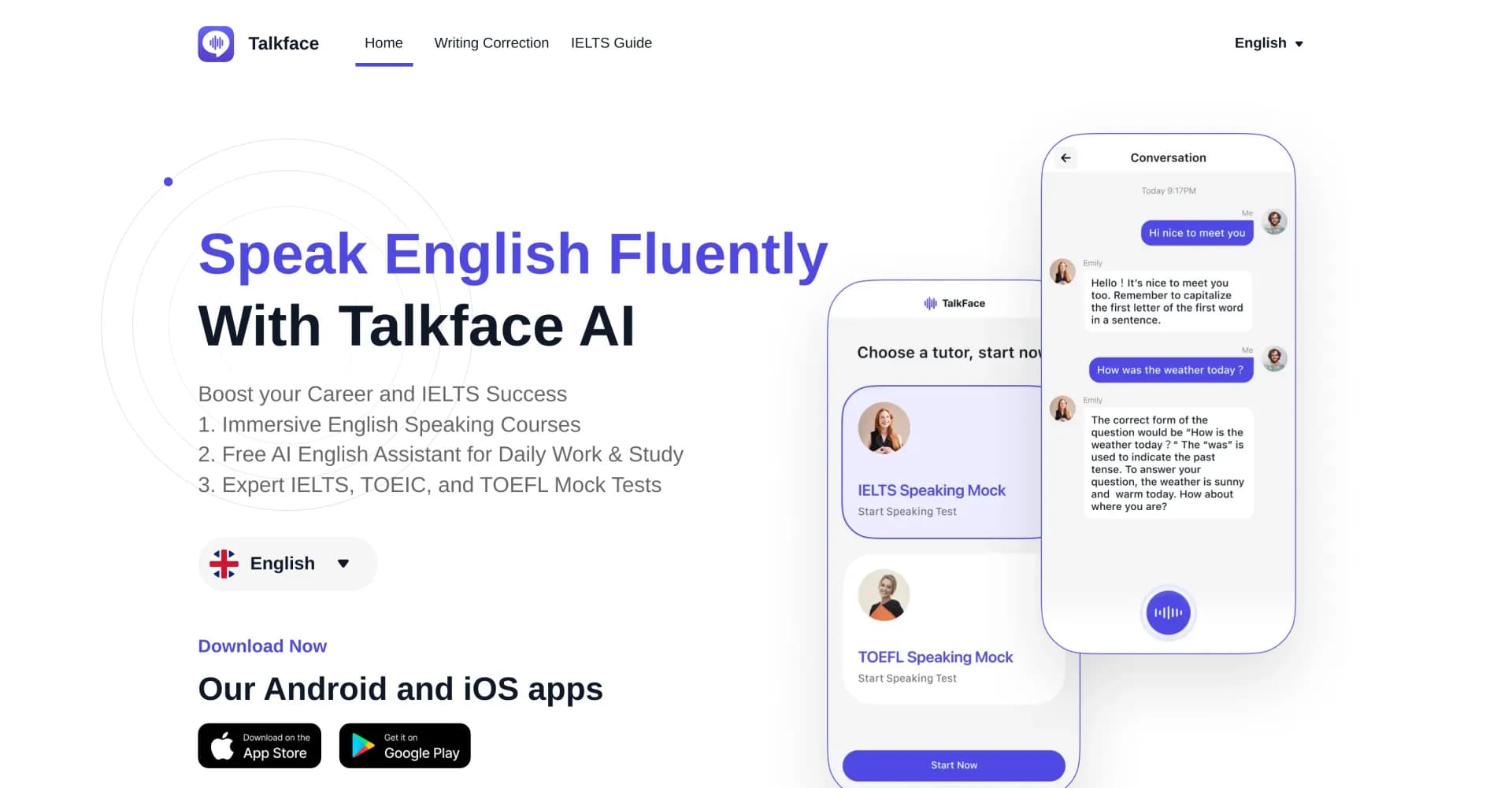 Talkface homepage screenshot — Create a tagline for this AI tool.