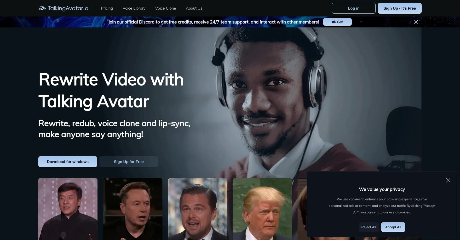 Talking Avatar AI homepage screenshot — Rewrite videos with AI-powered talking avatars