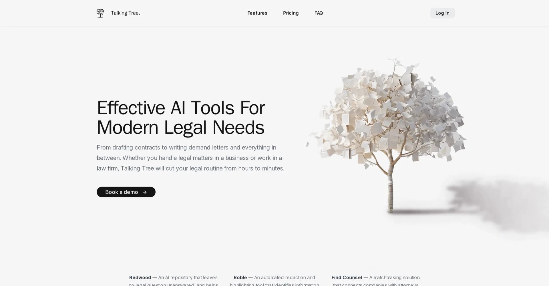 Talking Tree homepage screenshot — AI-powered legal tools to slash your workload.