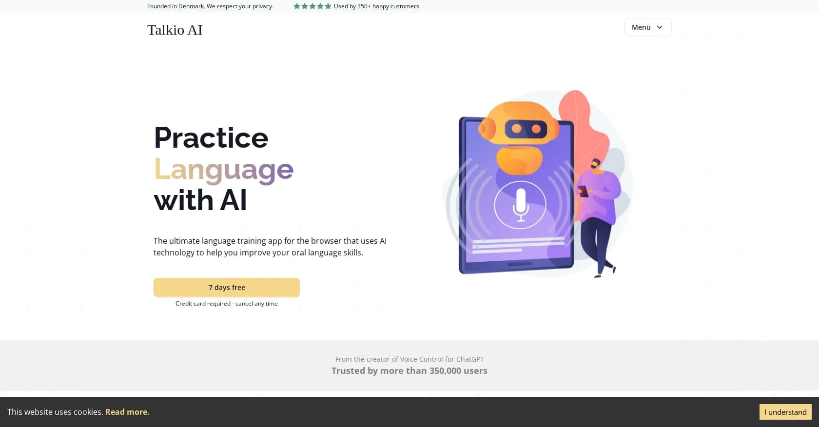 Talkio homepage screenshot — Practice languages with AI voice interactions
