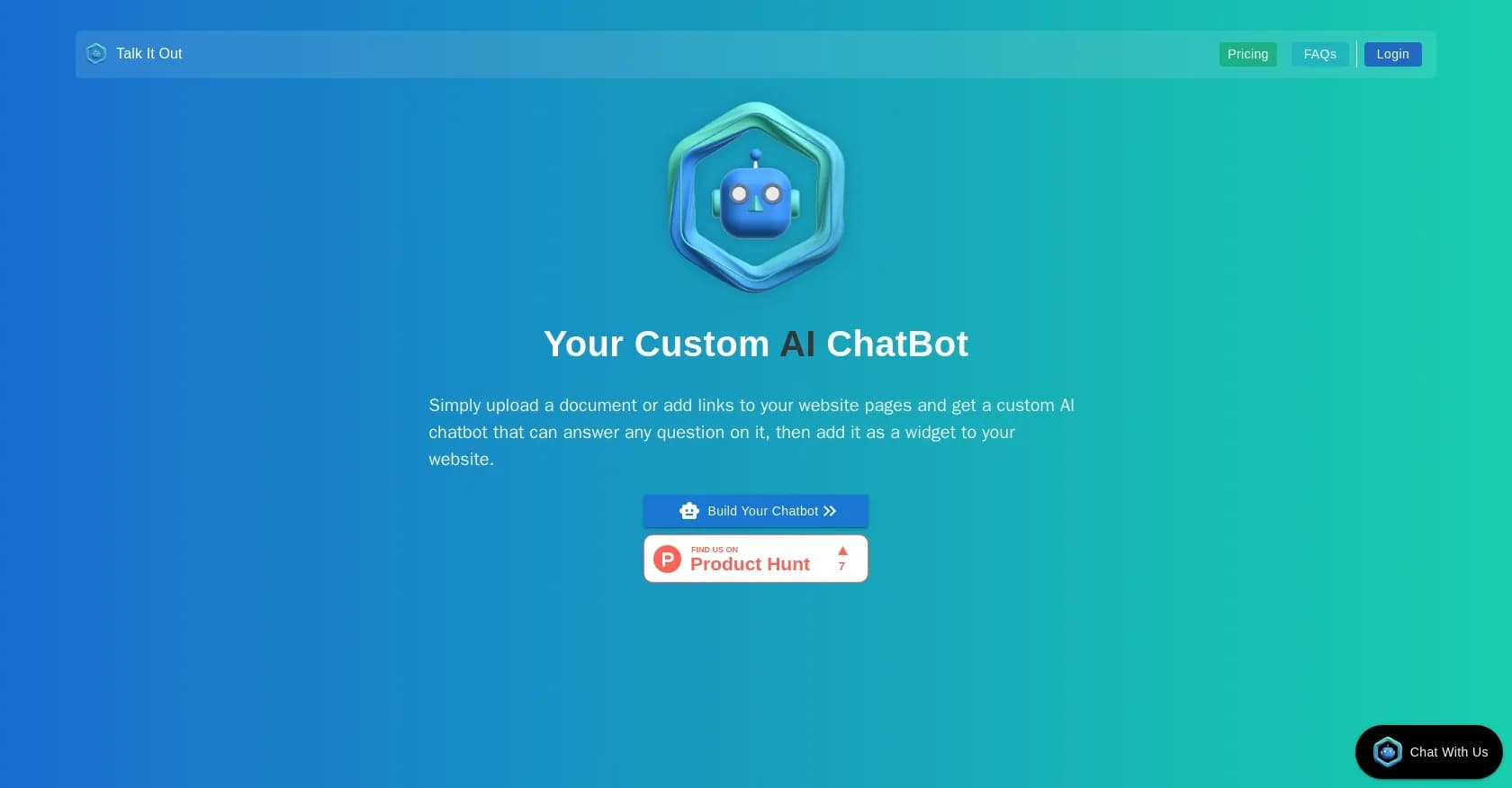 Talkitout homepage screenshot — Create custom AI chatbots from your website content
