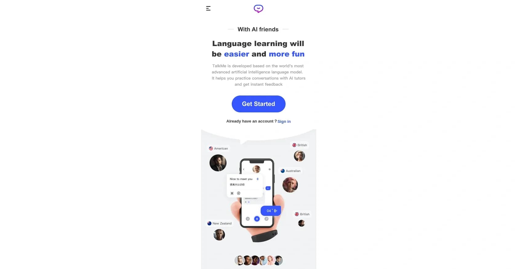 Talkme homepage screenshot — AI