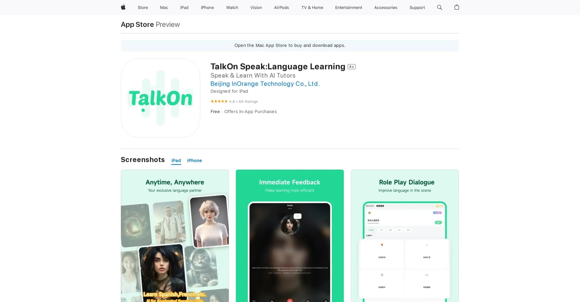 TalkOn homepage screenshot — Enjoy TalkOn on your Apple devices.