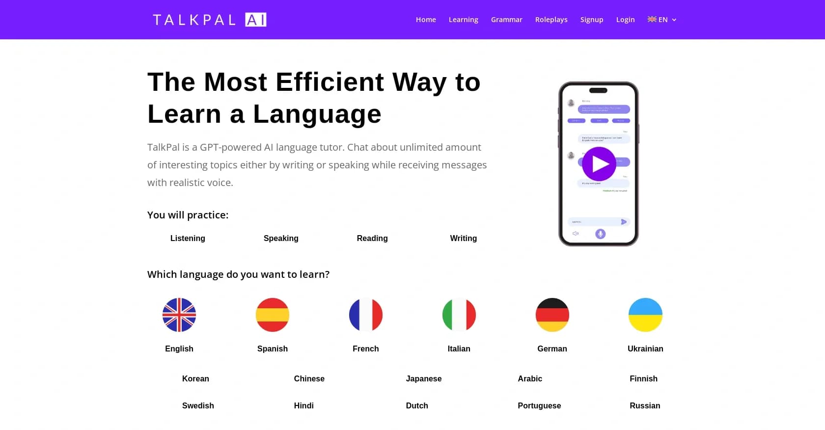 TalkPal homepage screenshot — Learn languages efficiently with AI conversation